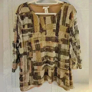 Alfred Dunner Tan and Brown 3/4 Sleeve Mesh Top With Sequin Detail Size …